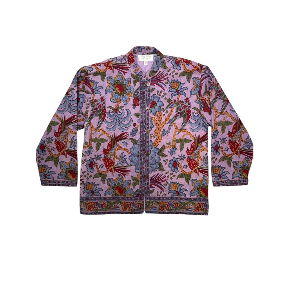 Vintage 90's Sam Hilu Kimono style Purple Floral Print button Jacket Top M Boho